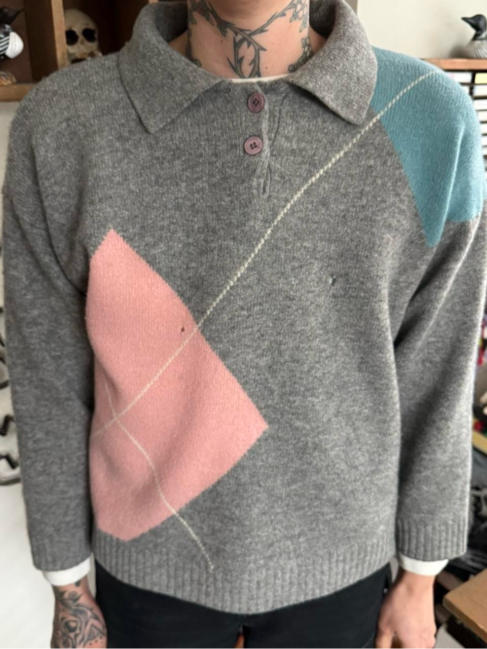 Vintage 80s Argyle Lambswool Boxy Polo Sweater ~ Size Medium